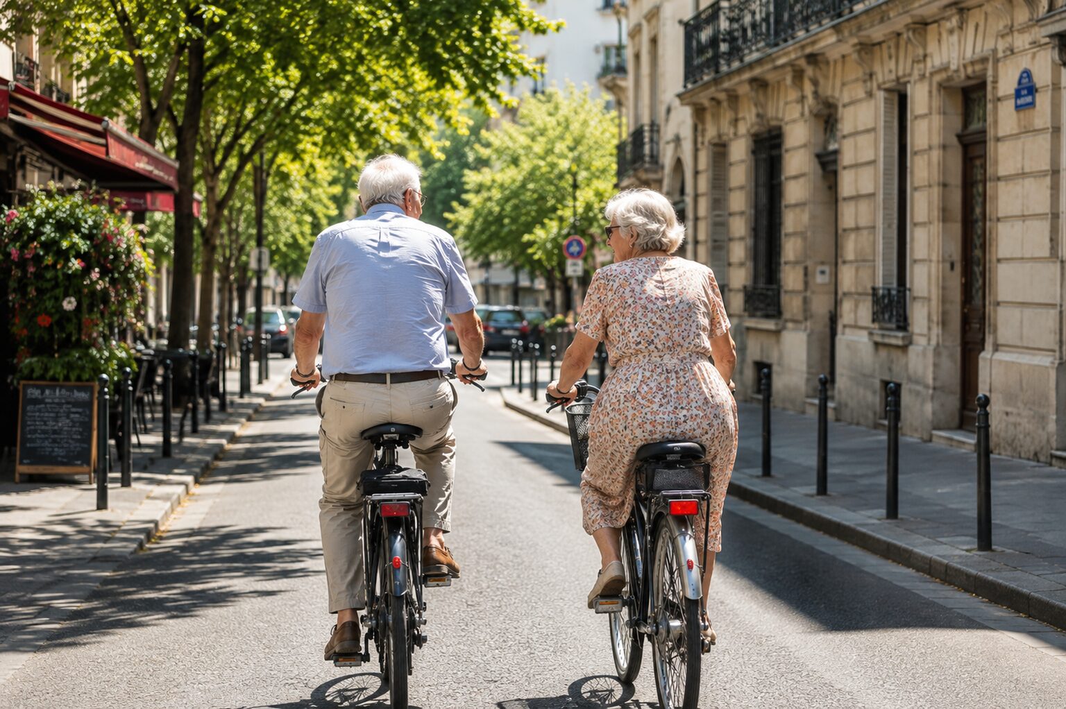 Un couple de personnes âgées se promène à vélo dans une rue de ville
